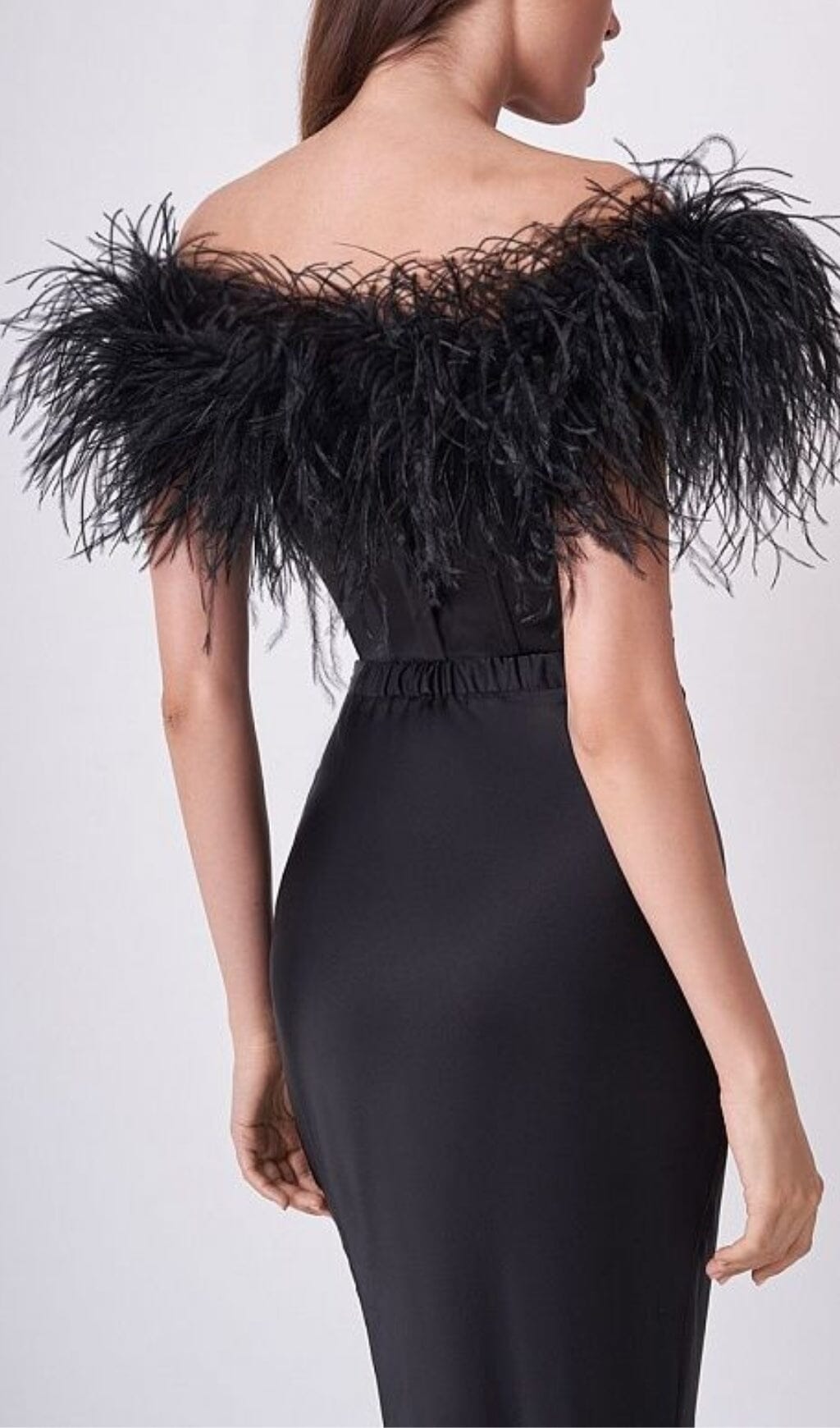 FEATHER OFF-SHOULDER MERMAID MAXI DRESS IN BLACK