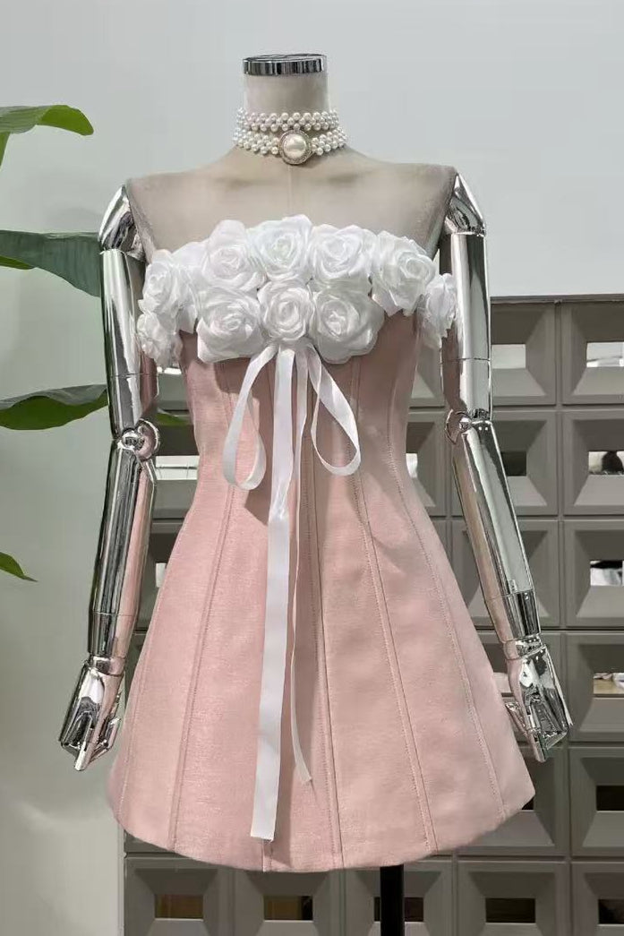 GLADYS STRAPLESS PINK 3D FLORAL CORSET A-LINE DRESS