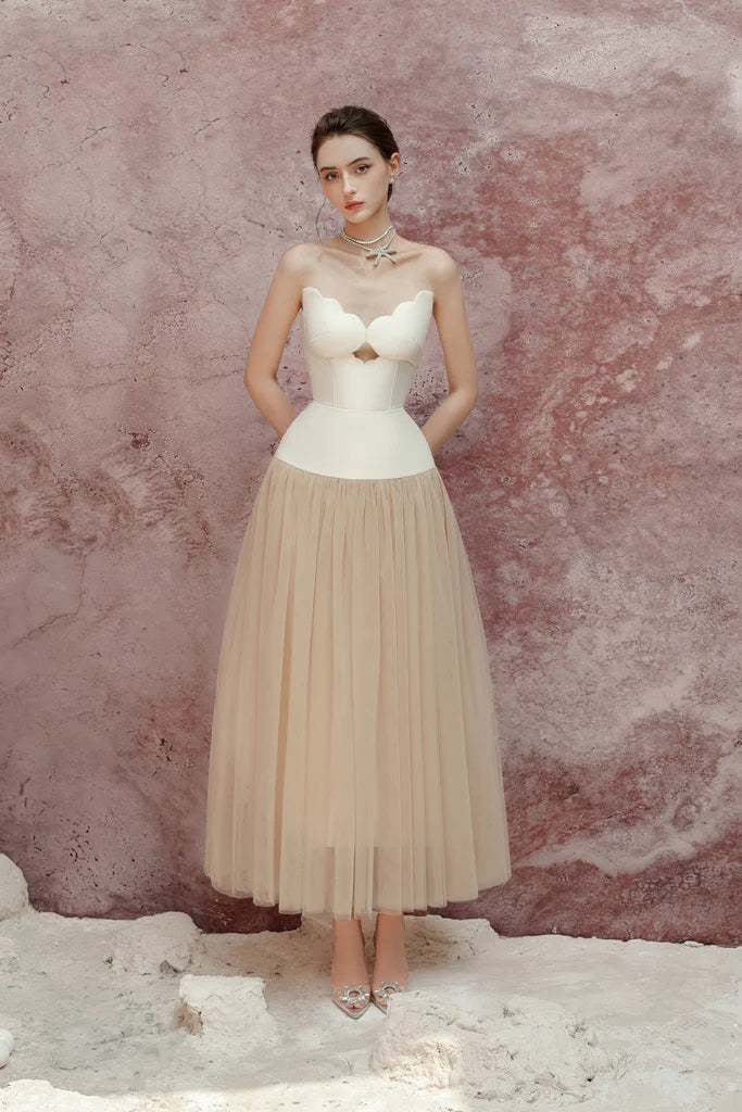 TWO-TONE TUBE TOP TULLE MIDI DRESS