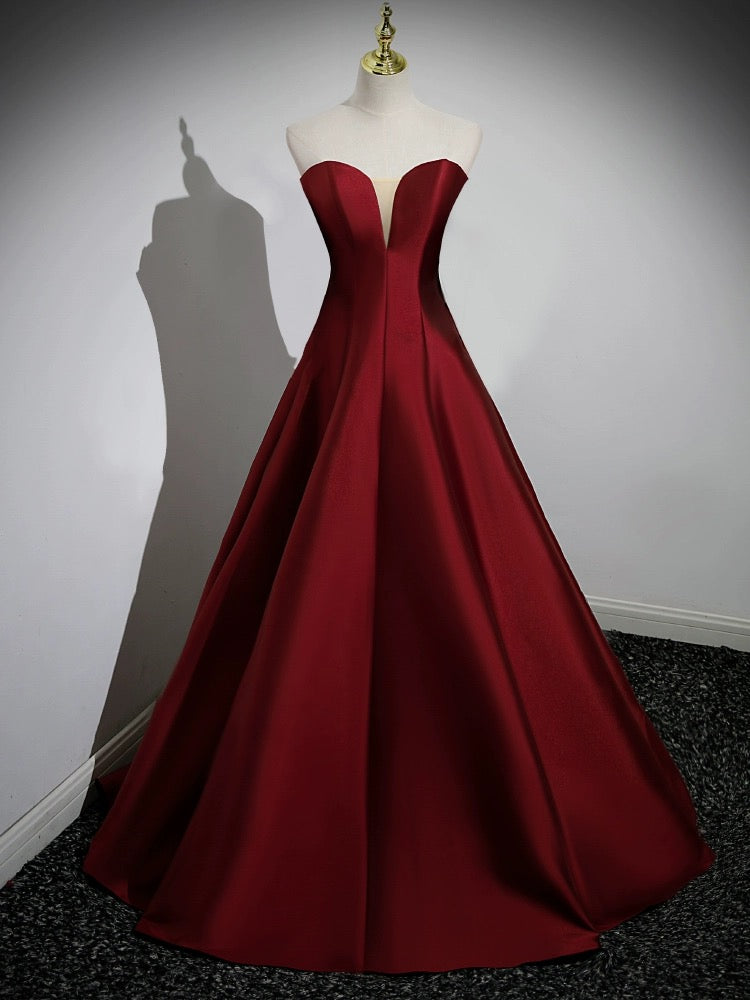 A-LINE PUFF SLEEVE SATIN BURGUNDY COCKTAIL DRESS