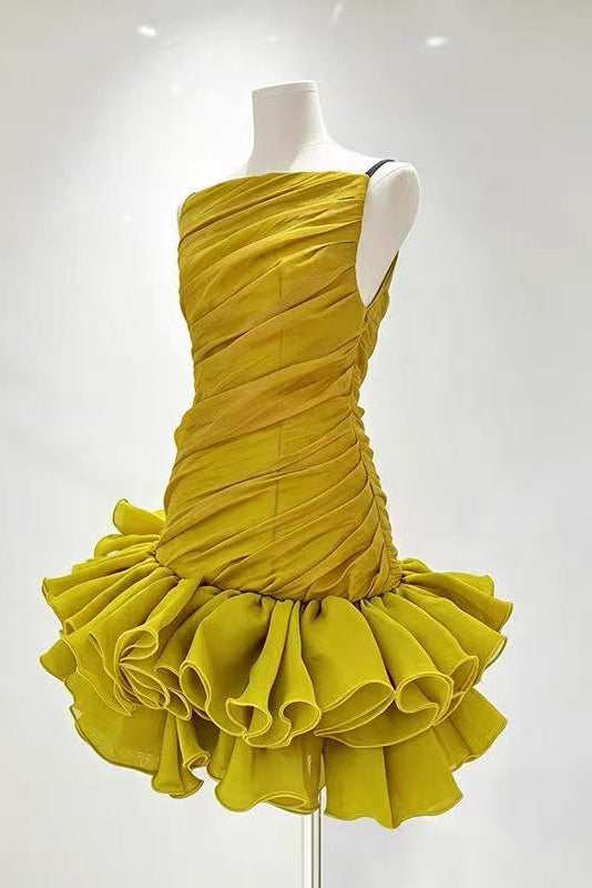 MUSTARD YELLOW RUCHED RUFFLE MINI DRESS, STRAP STYLE
