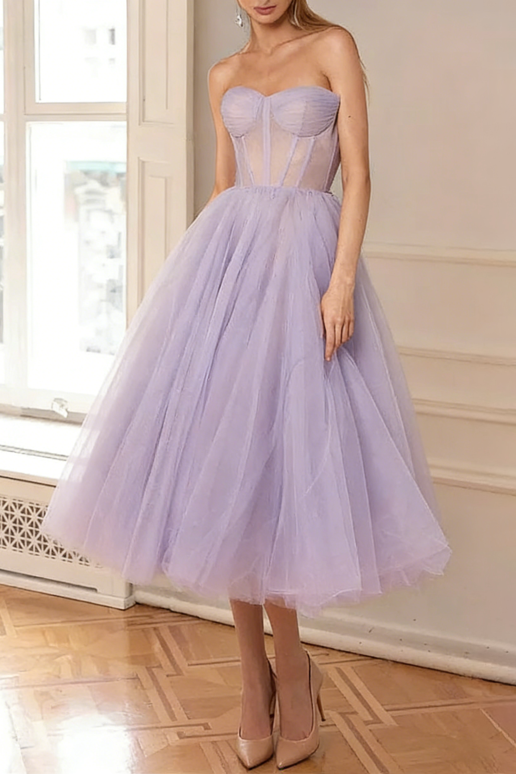 LAVENDER STRAPLESS PUFFY MIDI TULLE PARTY DRESS