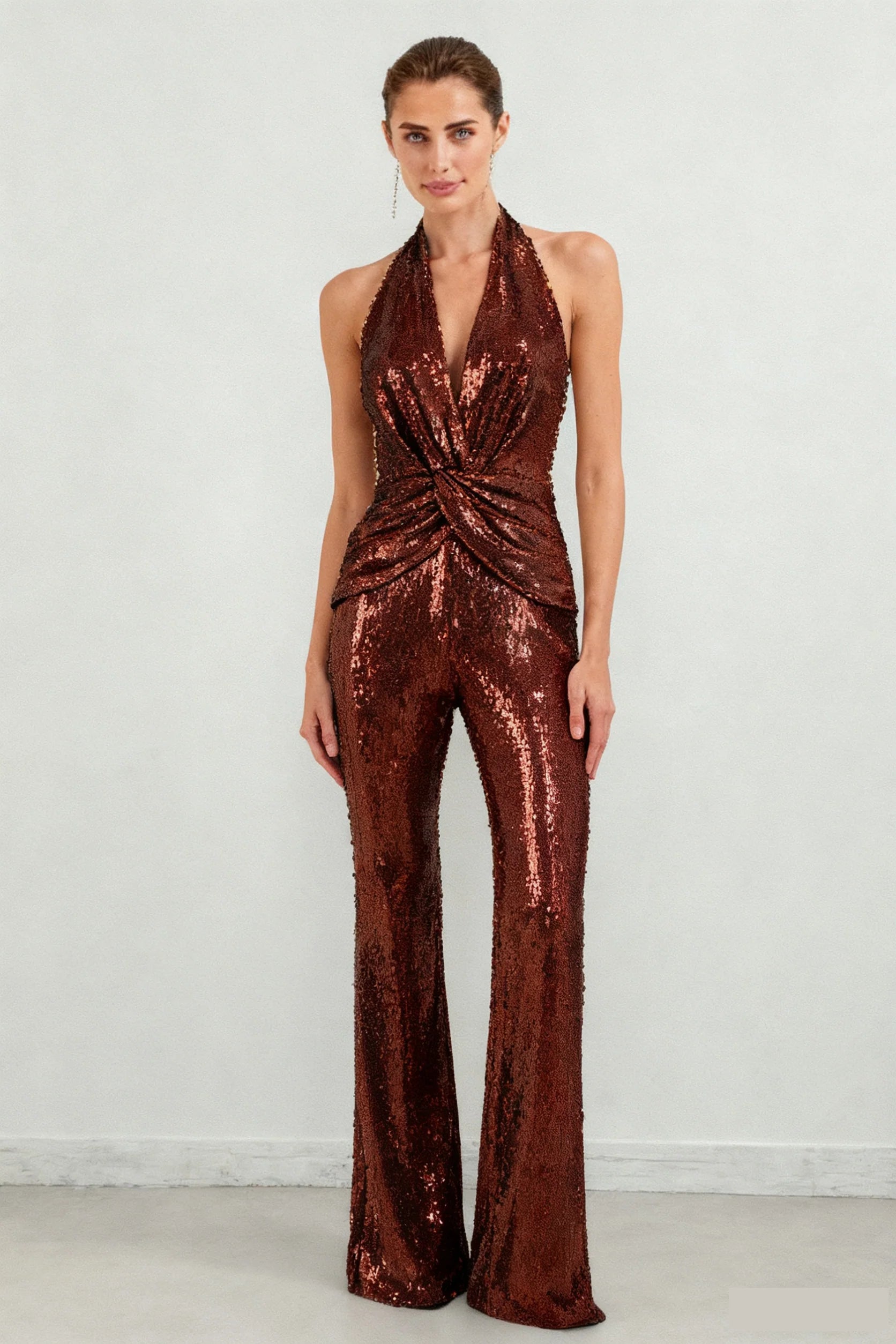 NORA BROWN SEQUIN HALTER FLARED JUMPSUIT