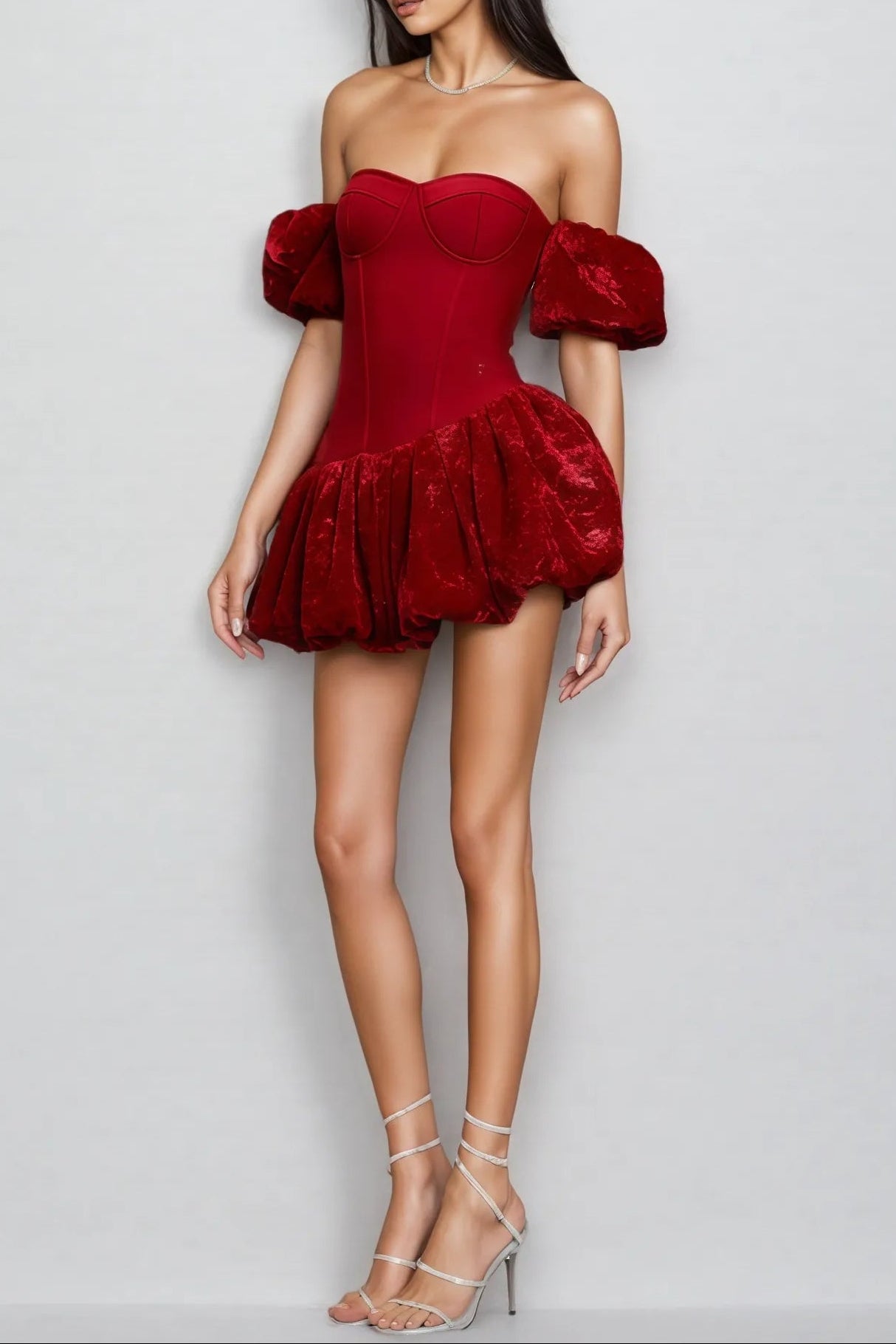 RED STRAPLESS BUBBLE SLEEVE SHEATH MINI DRESS