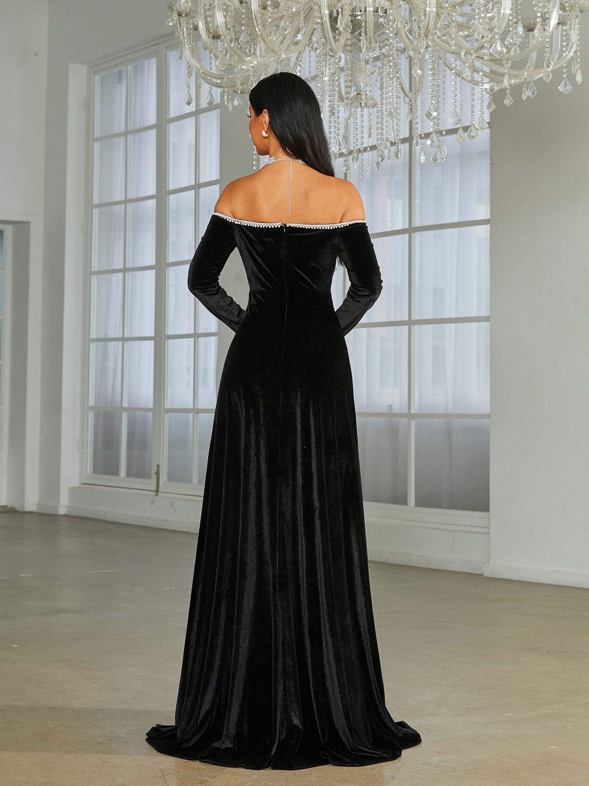 OFF SHOULDER VELVET SPLIT EVENING DRESS