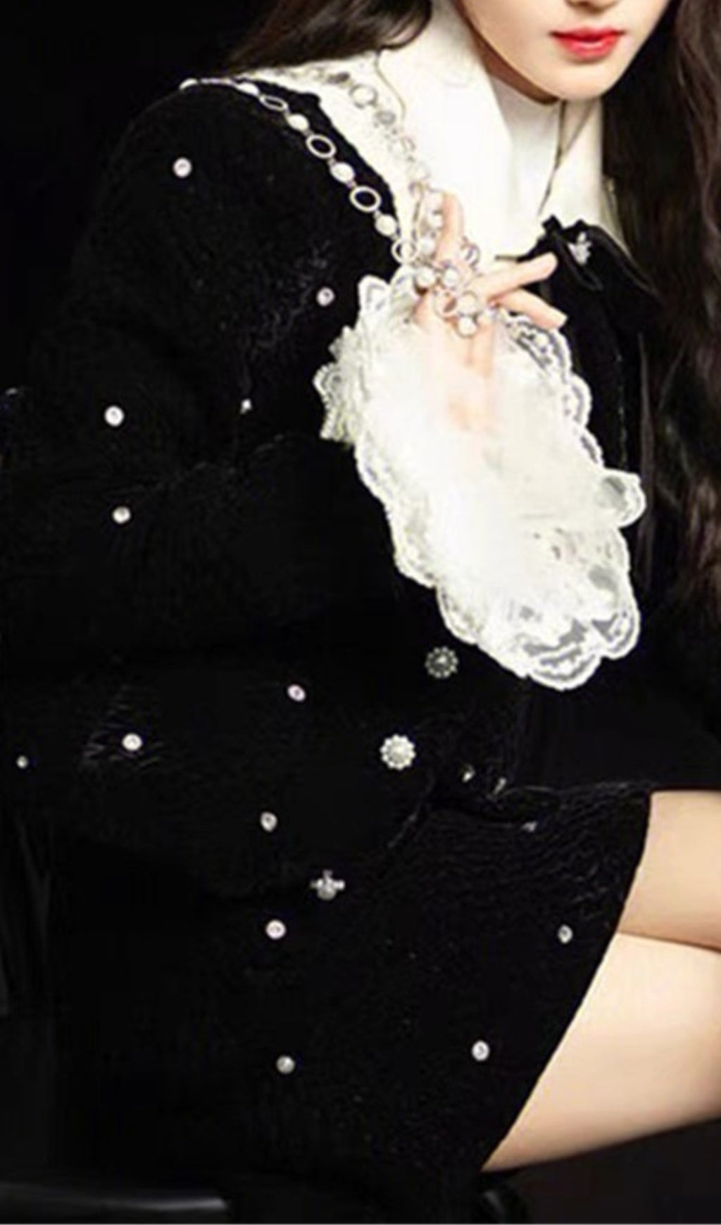 STARRY VELVET RHINESTONE LACE TRUMPET SLEEVE COAT SKIRT SUIT