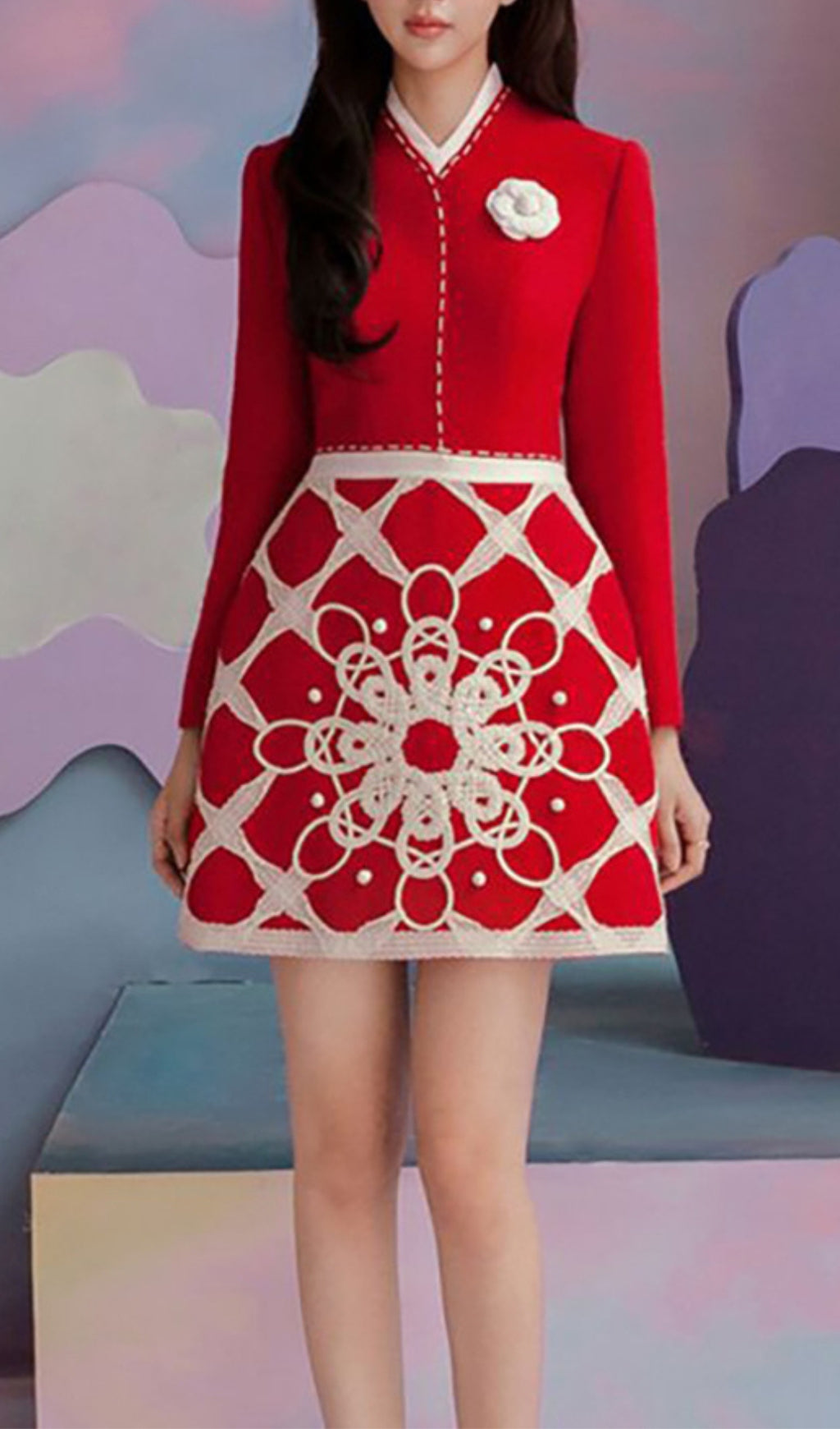 STAND COLLAR EMBROIDERY MINI DRESS, HIGH WAIST