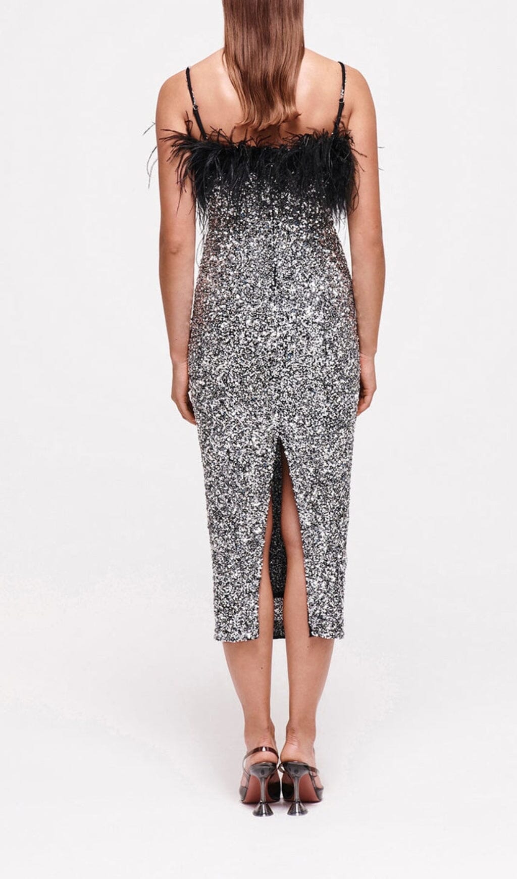 SEQUIN FEATHER SUSPENDER DRESS FOR PARTY