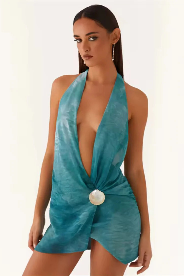 TEAL HALTER MINI BEACH PARTY DRESS