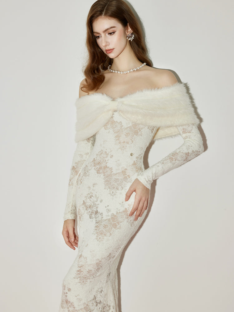 JULIA OFF-SHOULDER FUR COLLAR LACE WHITE MAXI DRESS