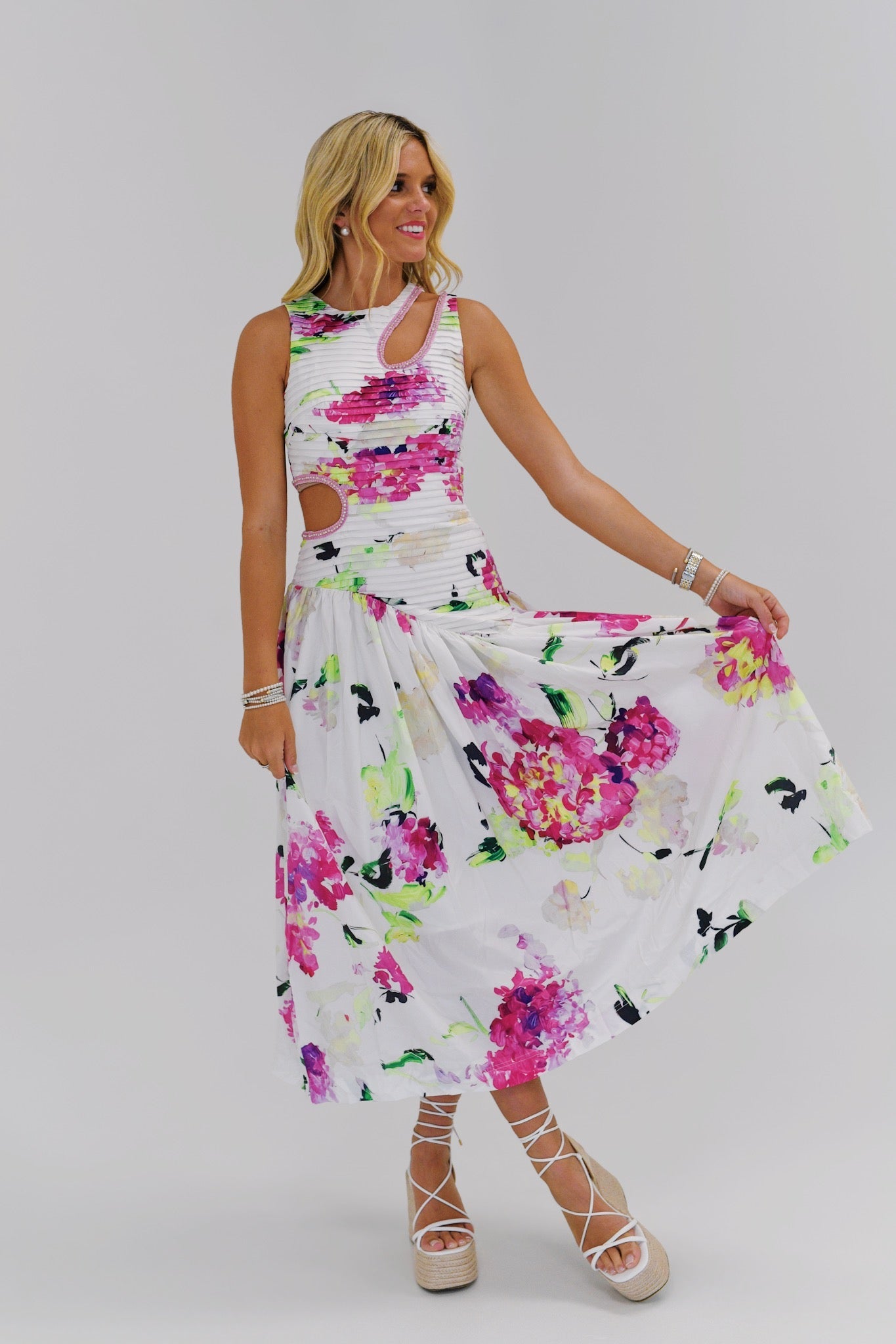 KYLIE DROP WAIST CUT OUT MIDI DRESS PURPLE LIME