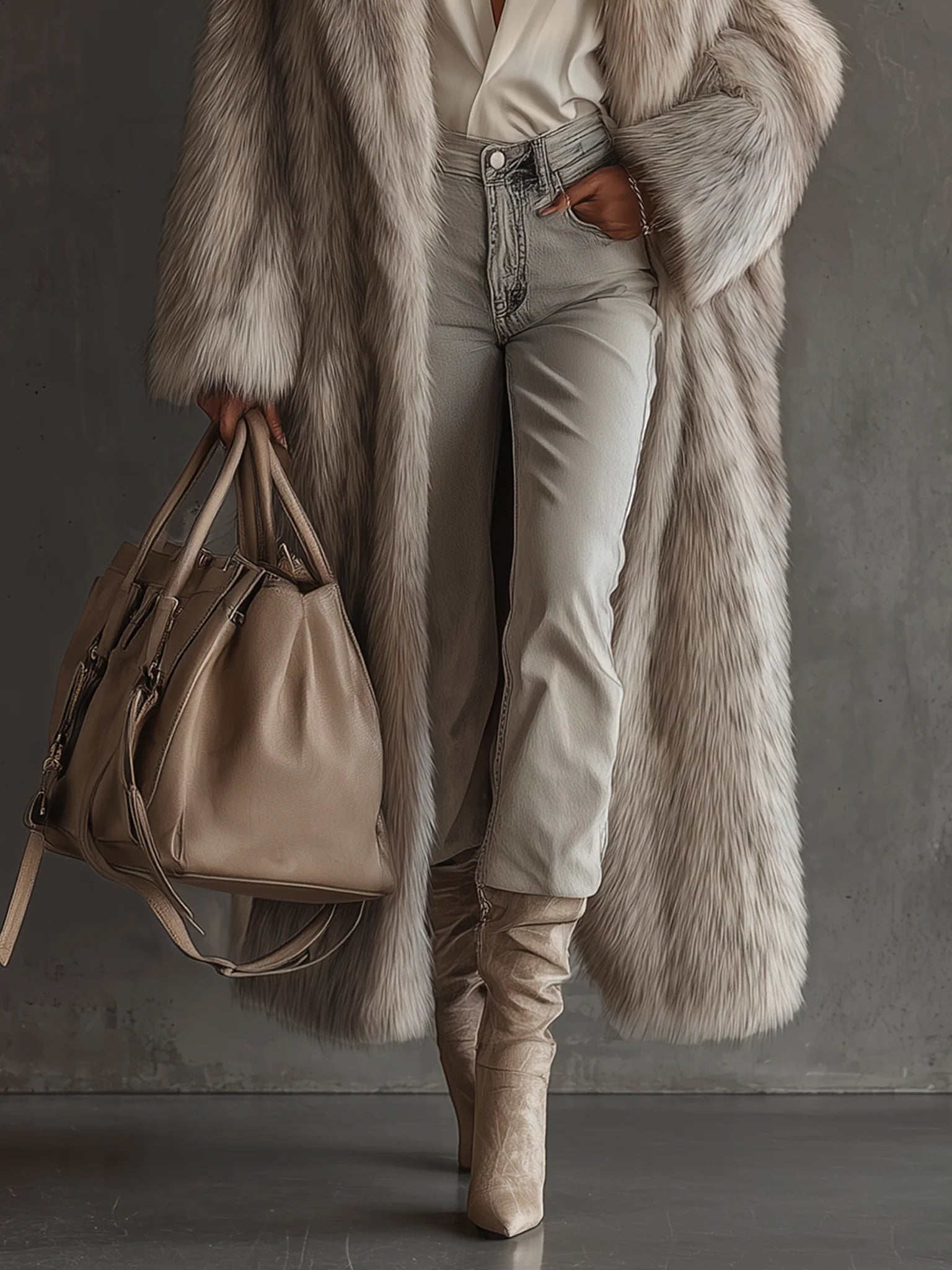 GRAY GRADIENT FAUX FUR COAT FOR WINTER PARTY