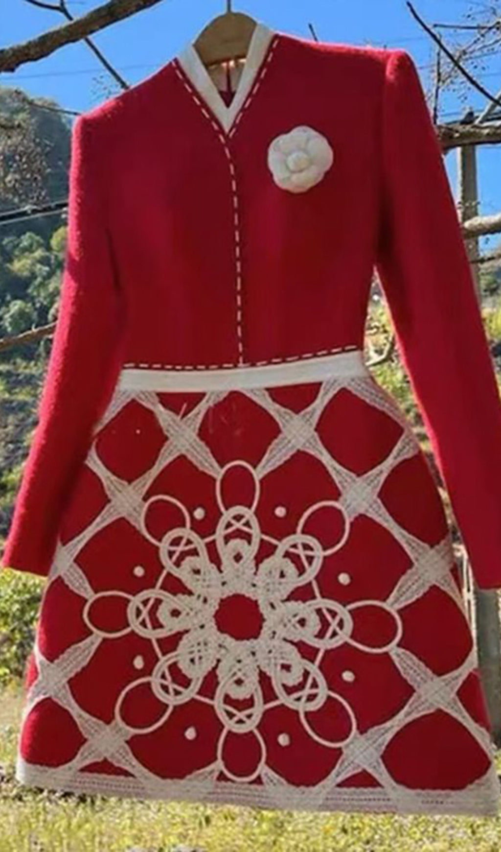 STAND COLLAR EMBROIDERY MINI DRESS, HIGH WAIST