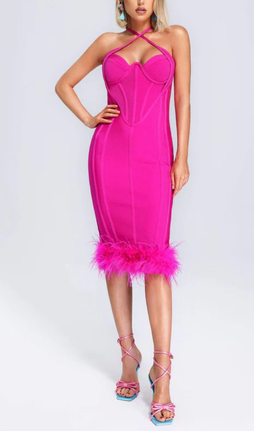 SEXY RED OSTRICH FEATHER HALTER BACKLESS PARTY DRESS