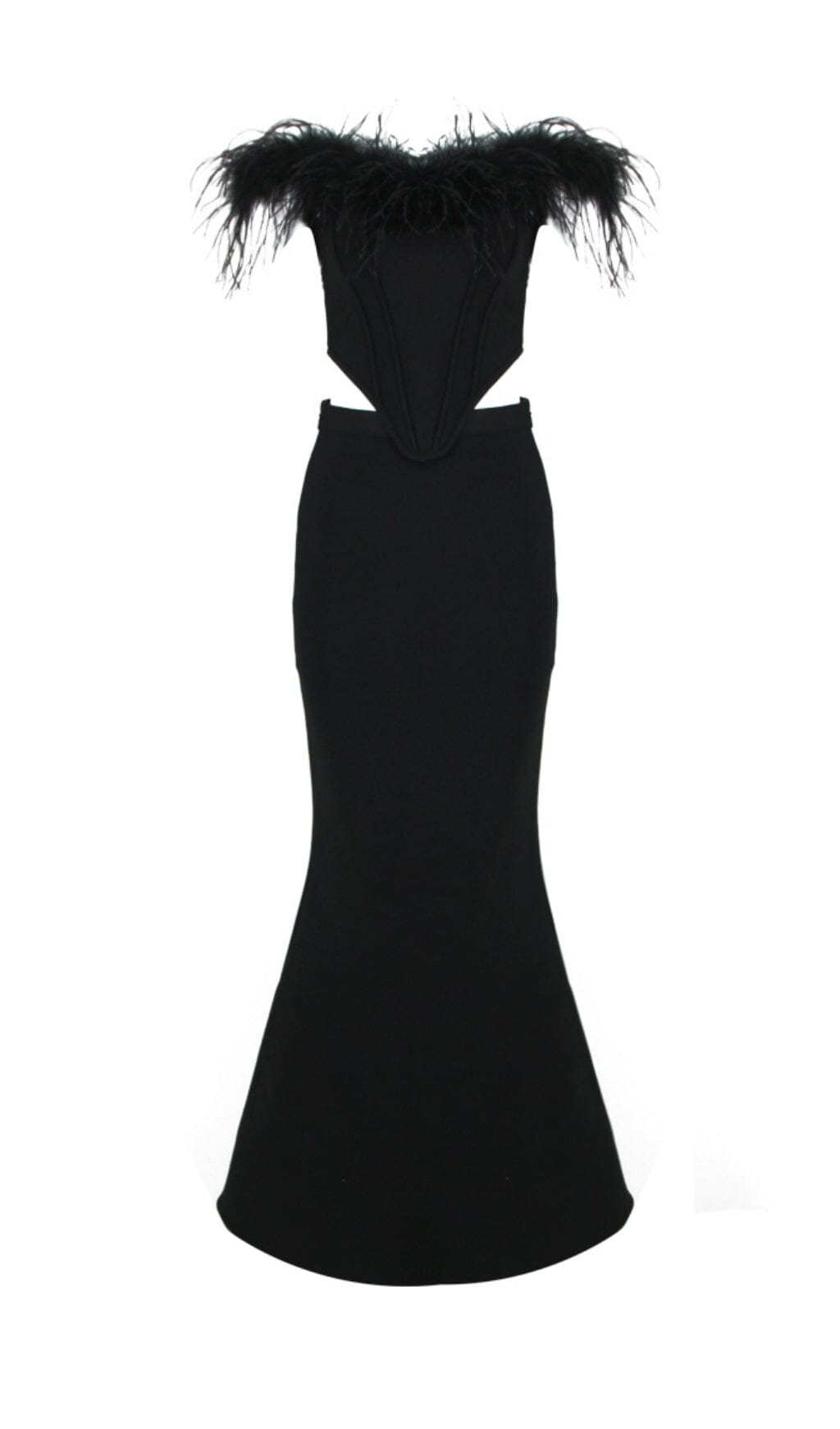 FEATHER OFF-SHOULDER MERMAID MAXI DRESS IN BLACK