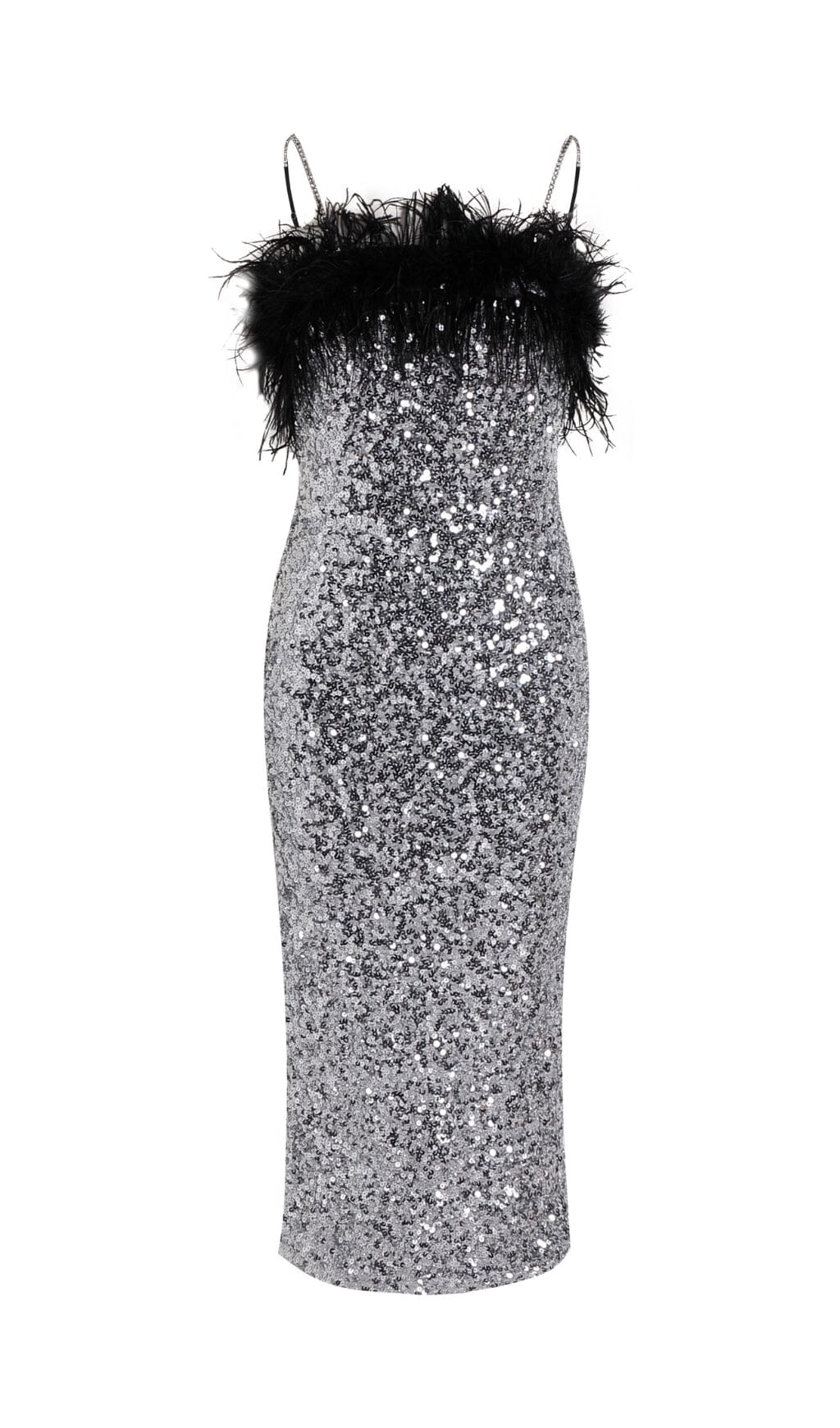 SEQUIN FEATHER SUSPENDER DRESS FOR PARTY