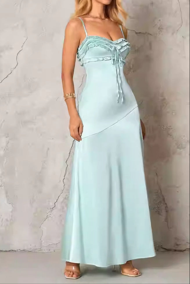 SIMONA MINT SILK RUFFLE MAXI DRESS