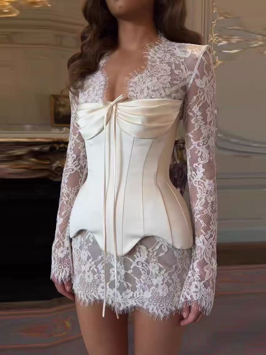 IVORY LACE SATIN CORSET MINI DRESS