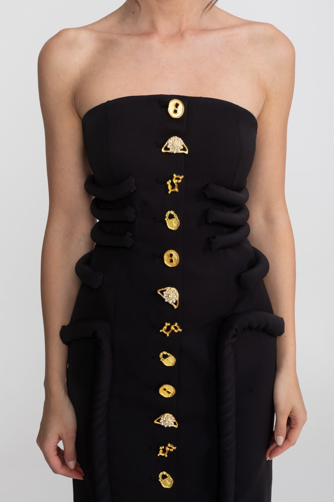 BLACK KNOTTED MIDI DRESS, JEWEL BUTTONS, EVENING