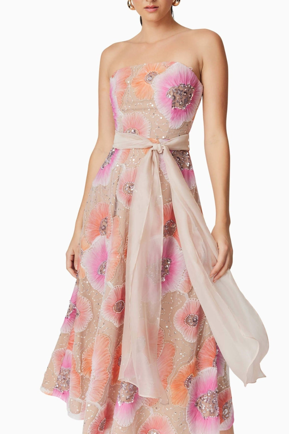 STRAPLESS FLOWER SEQUIN MIDI DRESS FOR PARTY