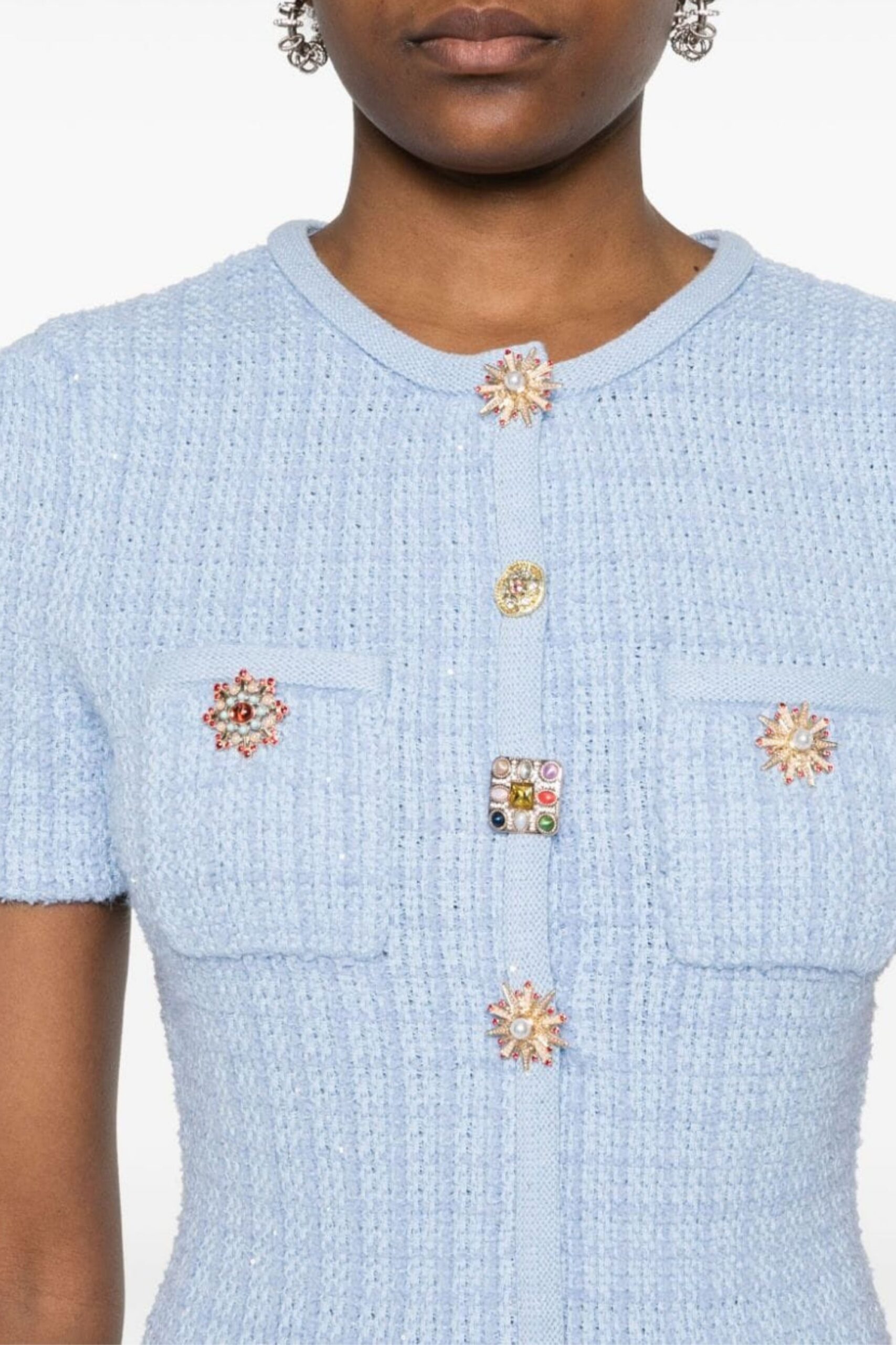 MODEST BEADED KNIT MINI DRESS, BLUE COCKTAIL