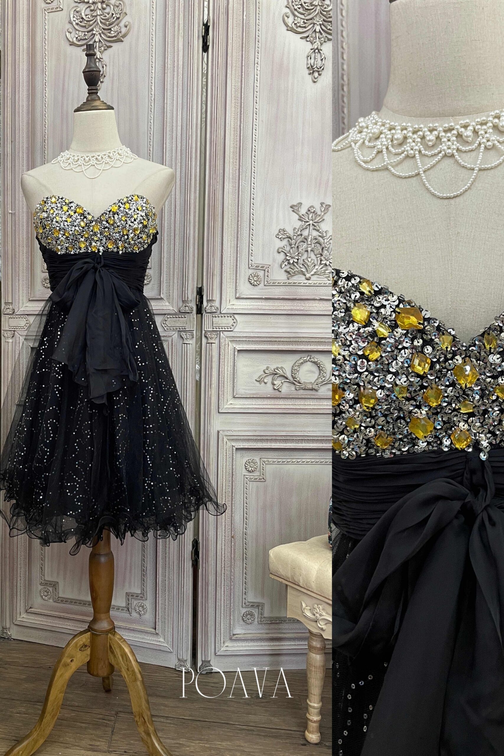 EMBELLISHED MINI STRAPLESS BLACK DRESS