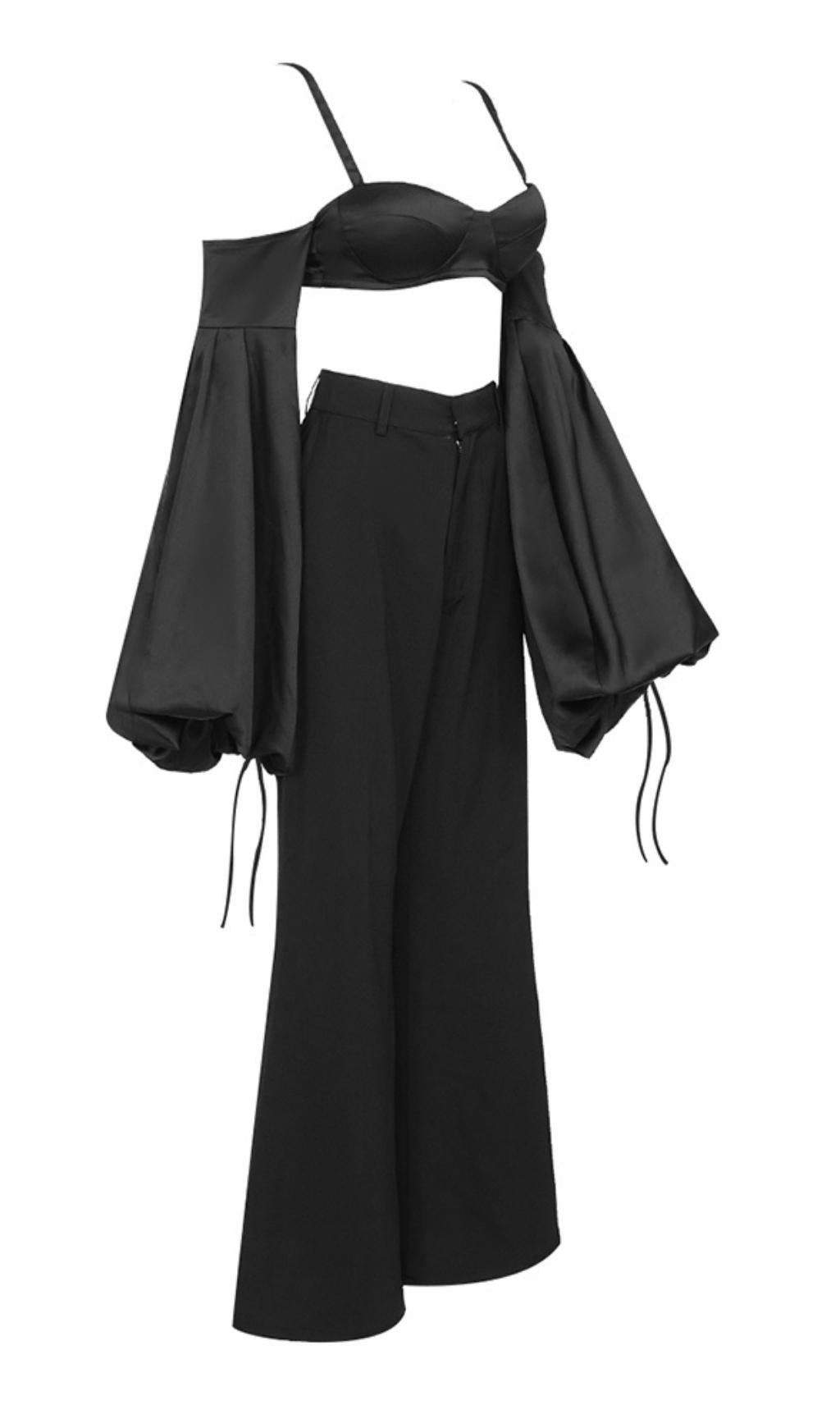 BUBBLE SLEEVE TWO-PIECE BLACK SUIT SET
