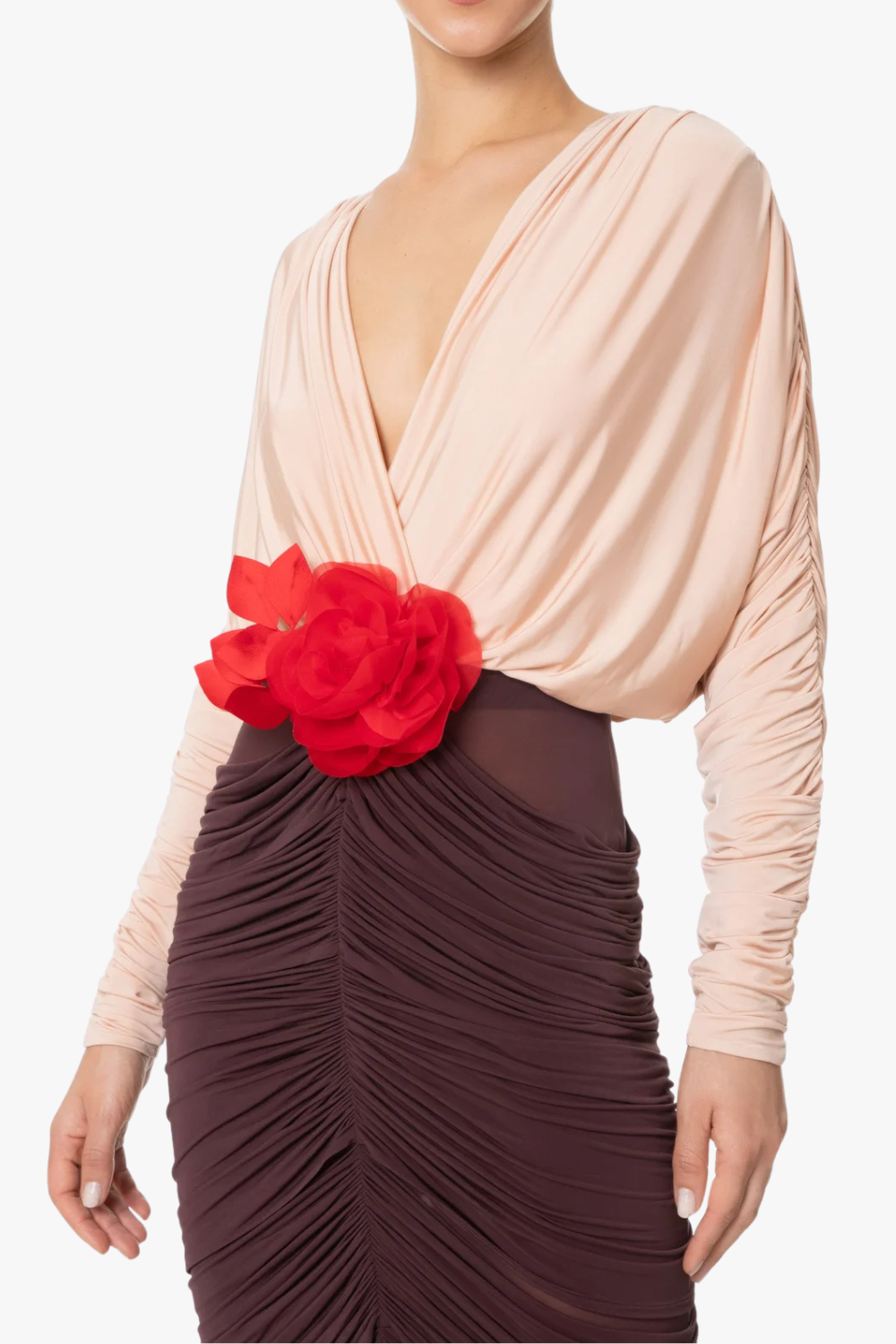 LONG SLEEVE TWO-TONE PLEATED MIDI DRESS BROWN