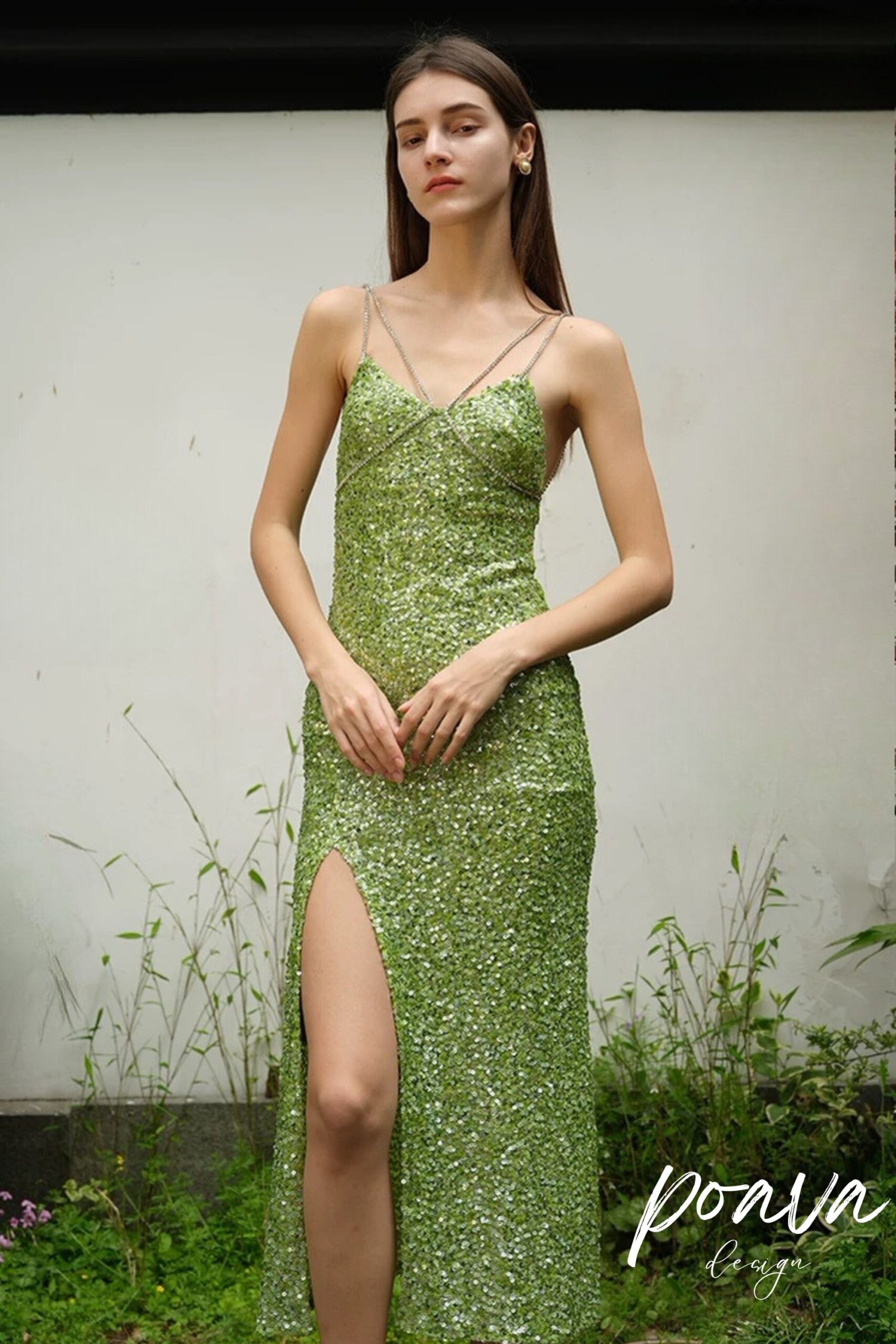 5_17143126-e31c-48da-a22e-ffcddbbece02 SEQUIN GREEN MIDI DRESS WITH HIGH SPLIT