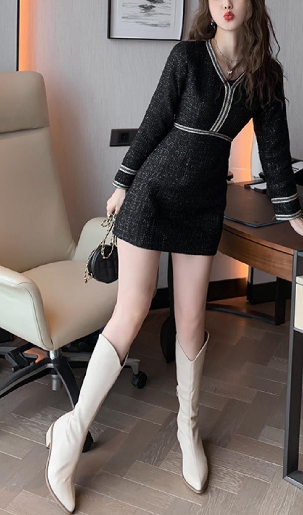 V-NECK LONG SLEEVE MINI DRESS FOR PARTY