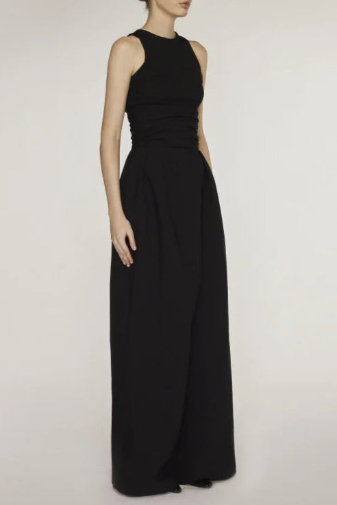 BLACK LONG SKIRT SUIT SET, HIGH WAIST WIDE LEG