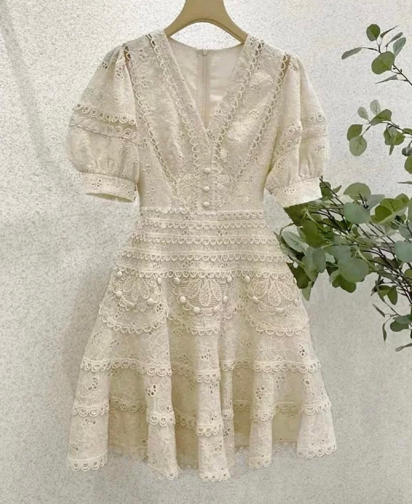 EMBROIDERED V-NECK MINI DRESS BEIGE