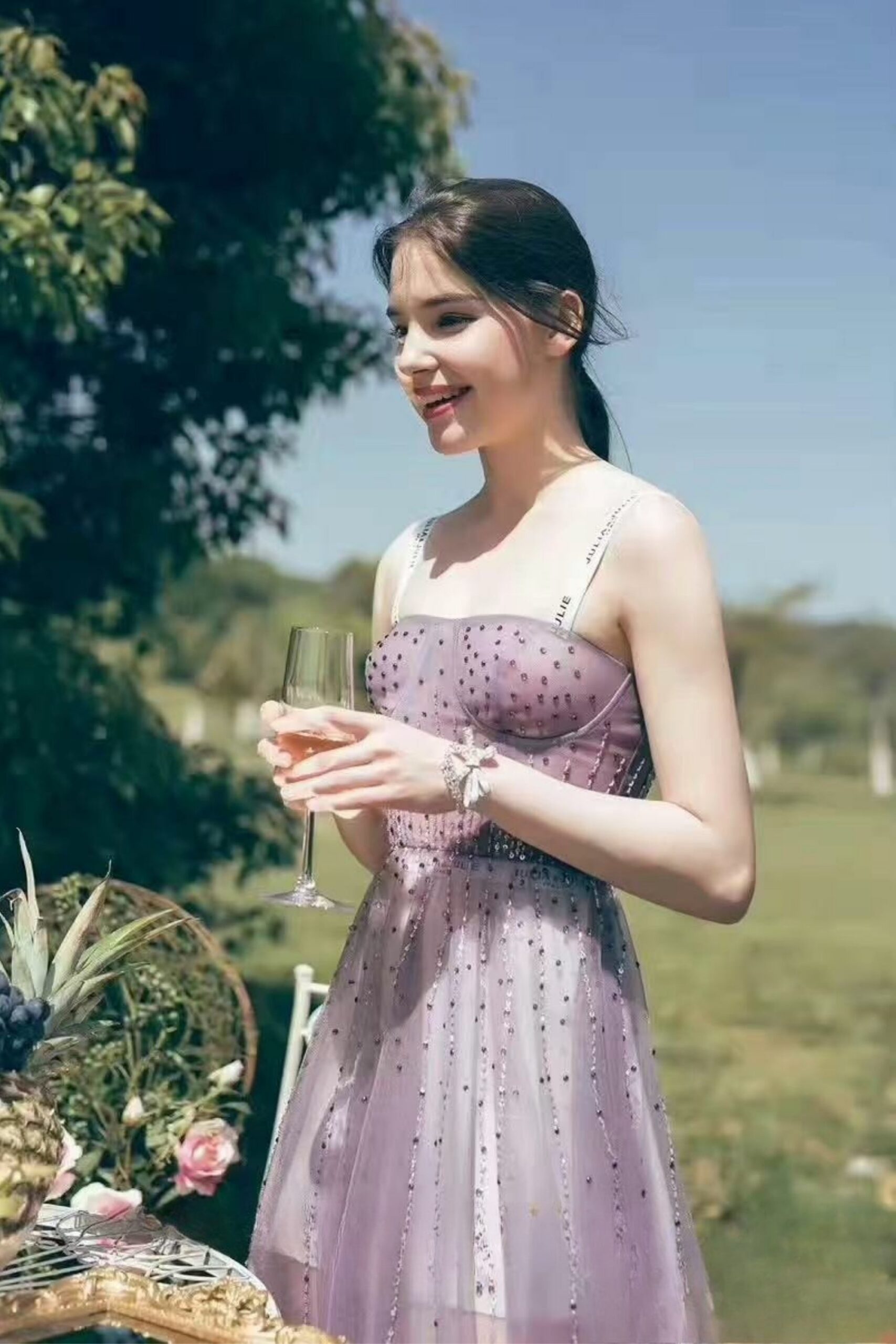 CRYSTAL EMBELLISHED TULLE CORSET MAXI DRESS FOR FORMAL