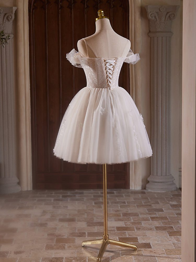 OFF SHOULDER TULLE LACE CHAMPAGNE PARTY DRESS