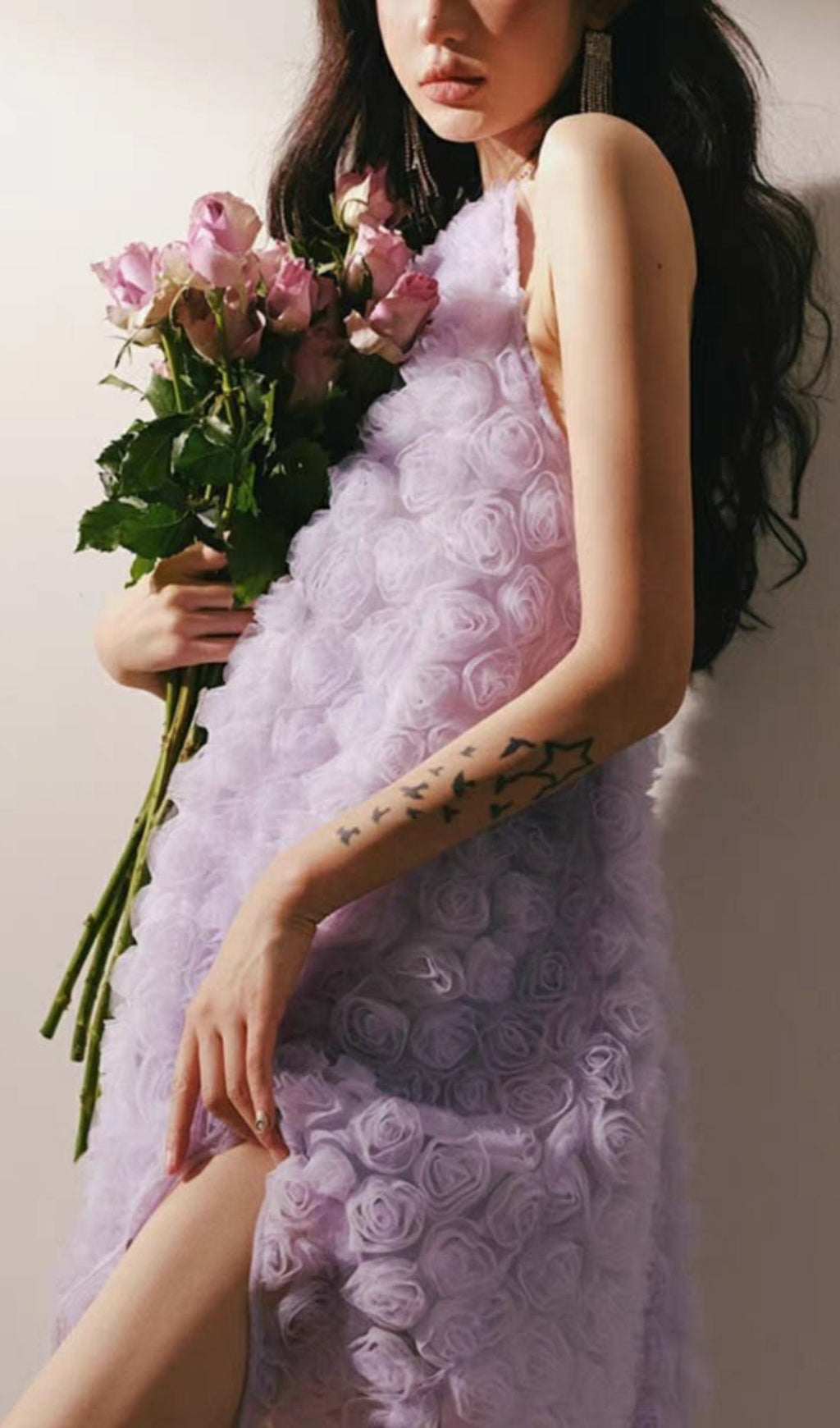 3D PURPLE ROSE HALTER BACKLESS MIDI DRESS