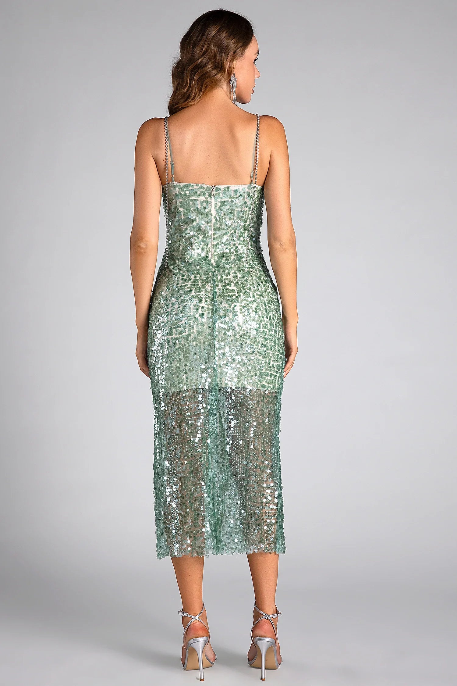 PRIMILI RHINESTONE STRAP SEQUIN MIDI DRESS FOR PARTY
