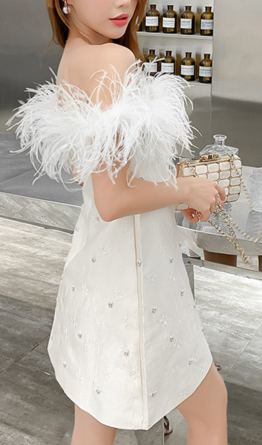 SEXY ONE-SHOULDER FEATHER MINI DRESS FOR PARTY