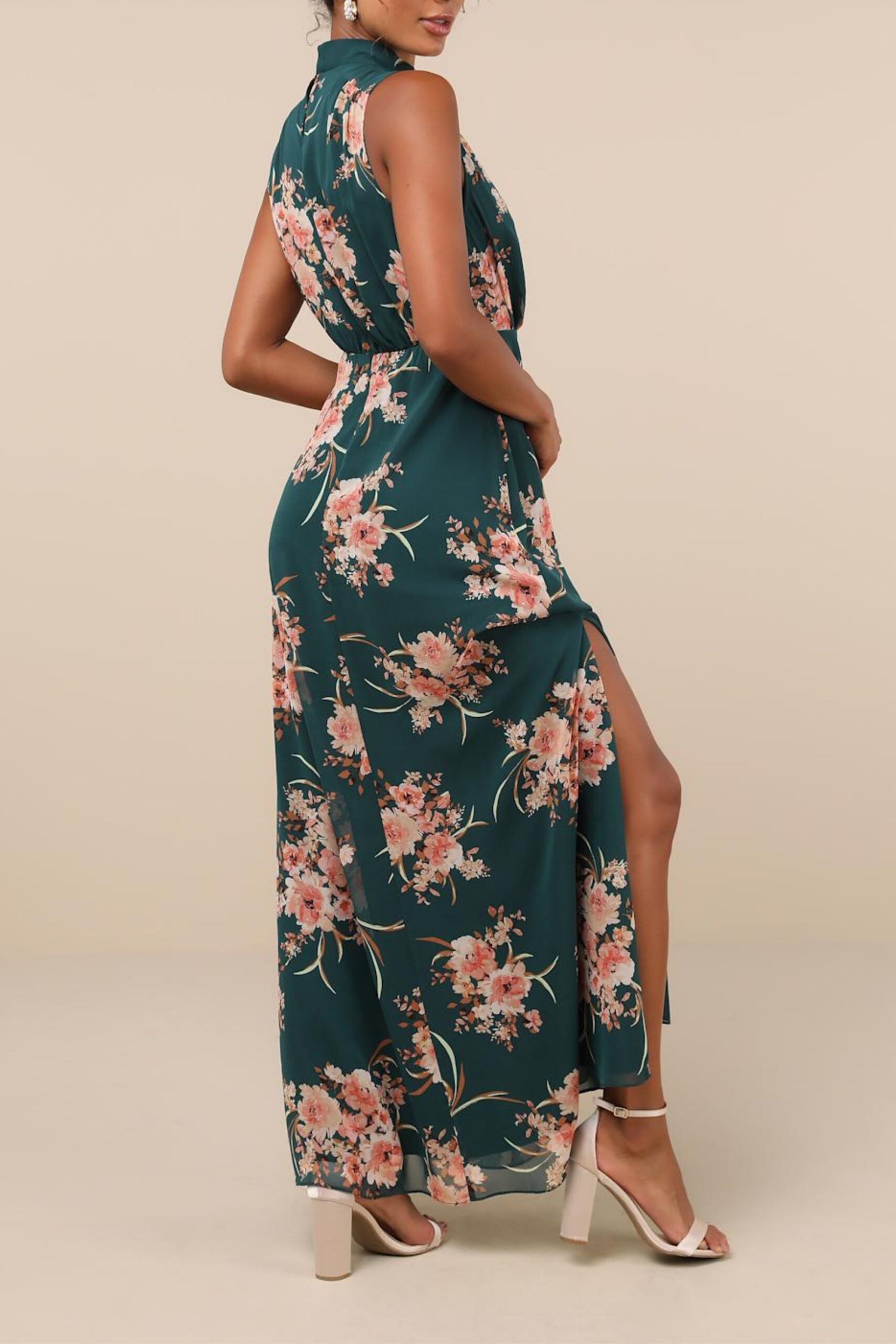 EMERALD FLORAL MOCK NECK MAXI DRESS FOR WEDDING GUEST