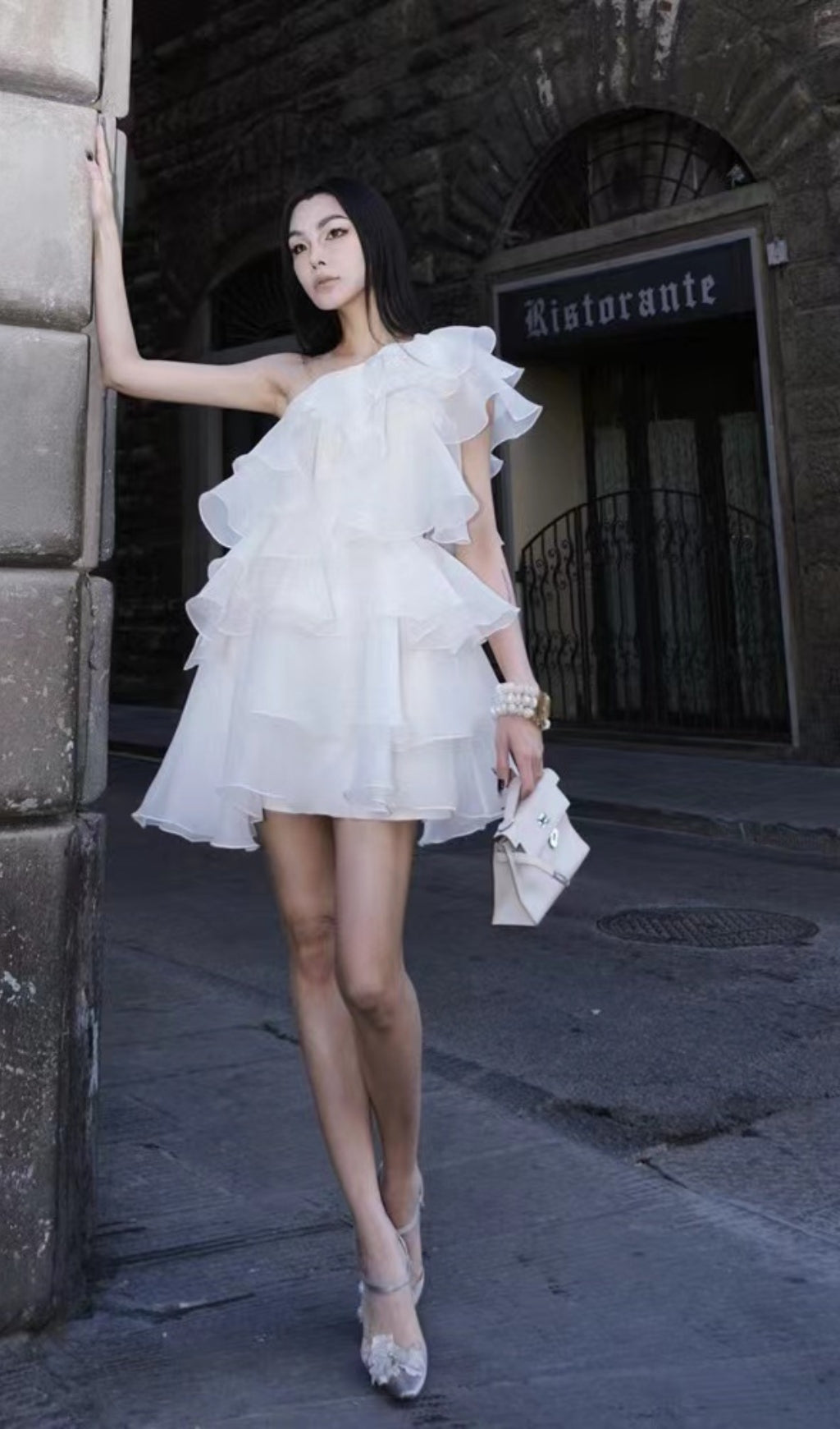CAP SLEEVE ONE-SHOULDER TIERED MINI DRESS