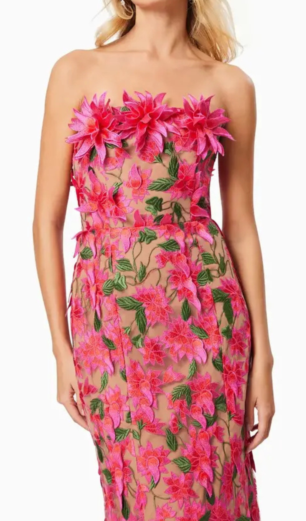 3D FLOWER EMBROIDERY STRAPLESS ROSE RED MIDI DRESS