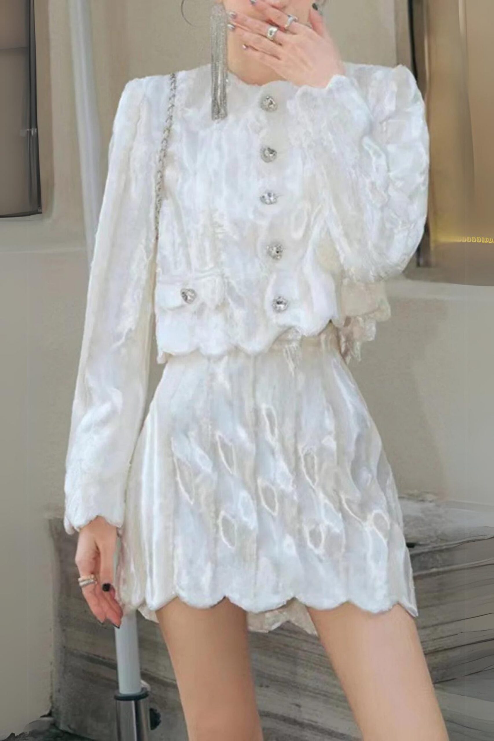 VELVET RHINESTONE BUCKLE WHITE MINI SUIT SET
