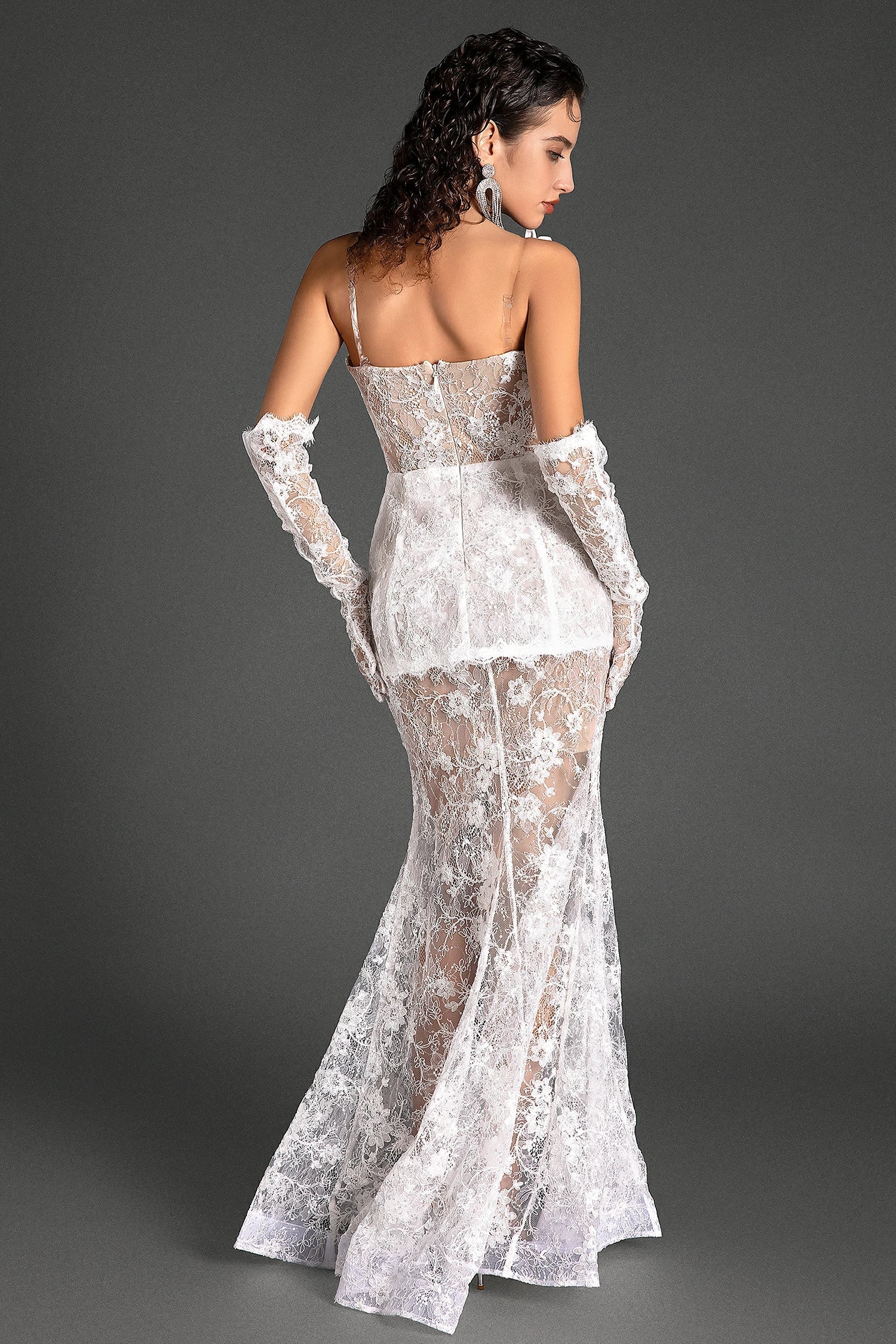 HARRALLIS V-NECK LACE MERMAID PROM DRESS WITH GLOVES