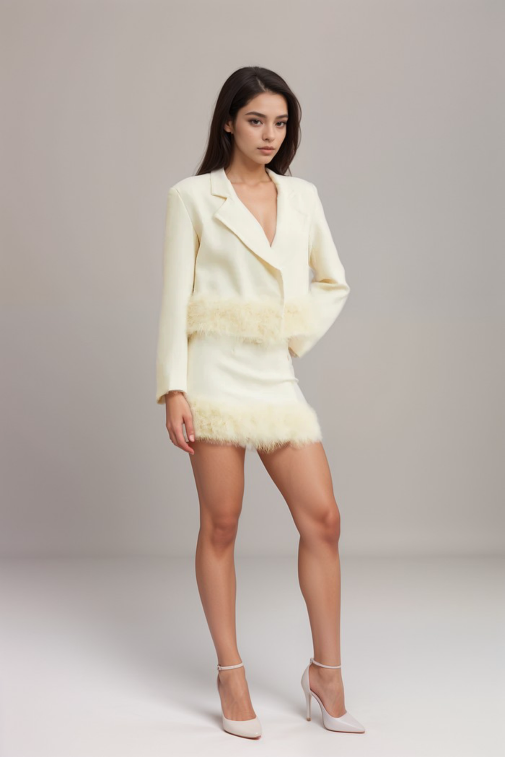 VALÉRIE FEATHER HEM BLAZER SKIRT SET