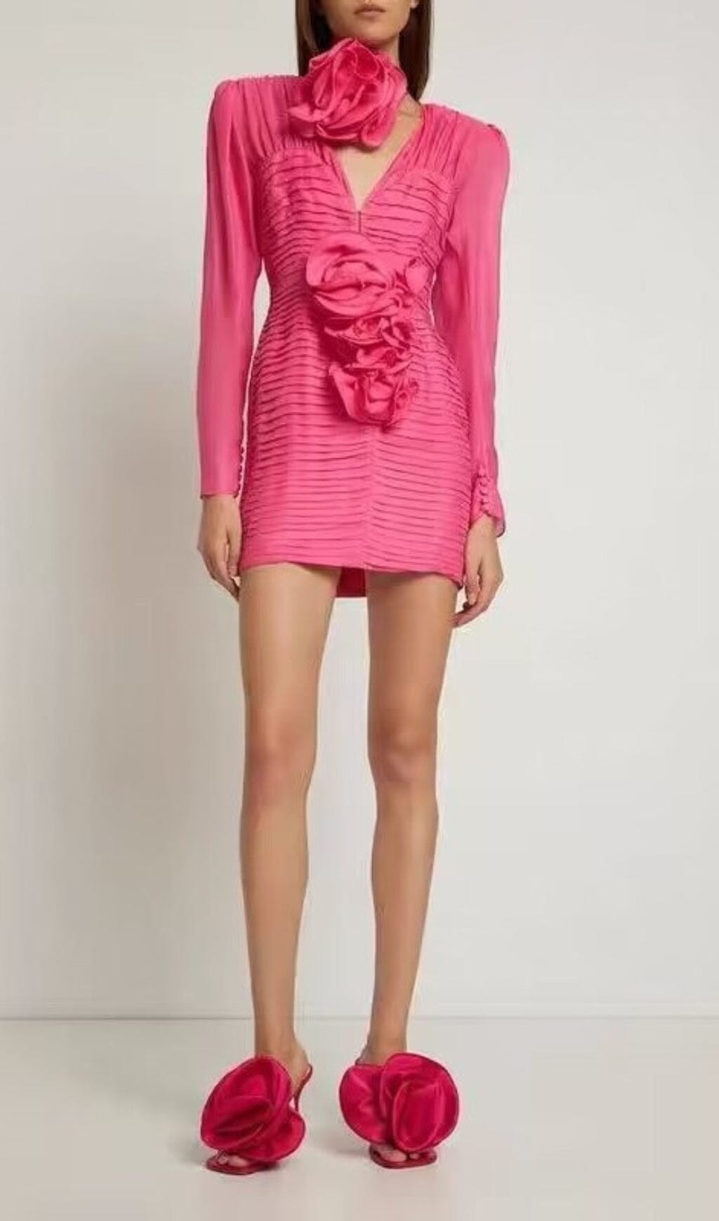 5_3e4b42fc-3688-4ab7-ae0b-edf55a0844b4 V-NECK PINK RUCHED MINI PARTY DRESS