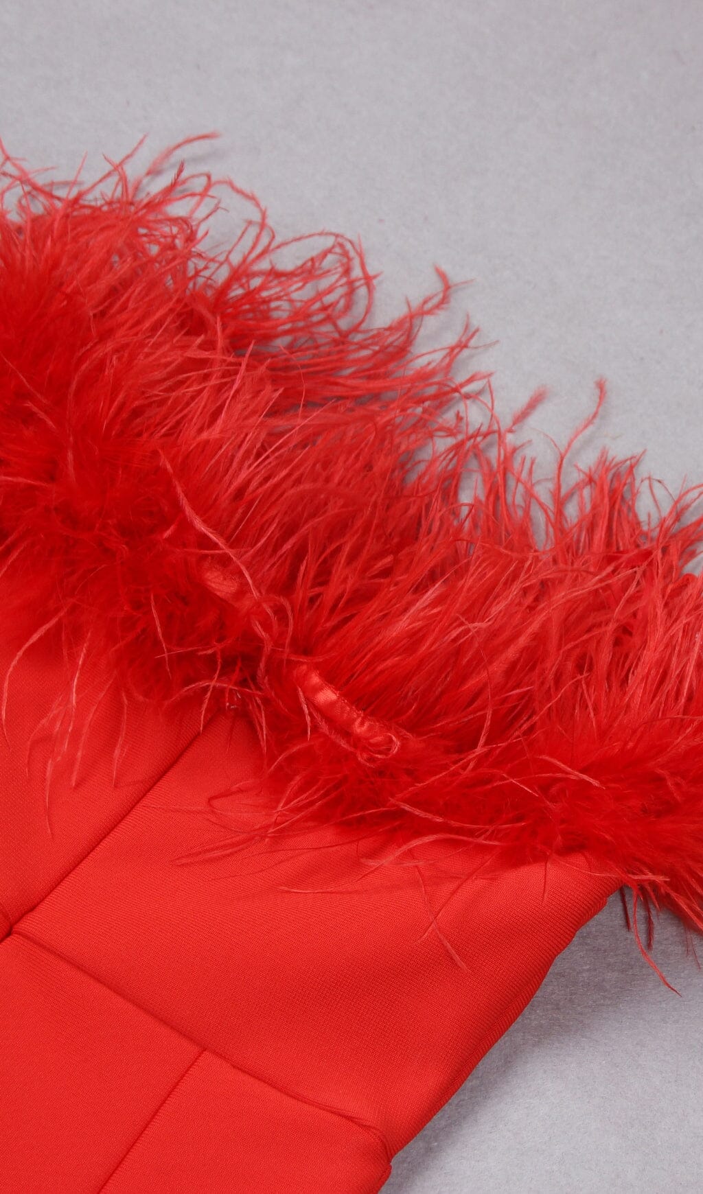 RED STRAPLESS FEATHER GOWN FOR FORMAL OCCASIONS