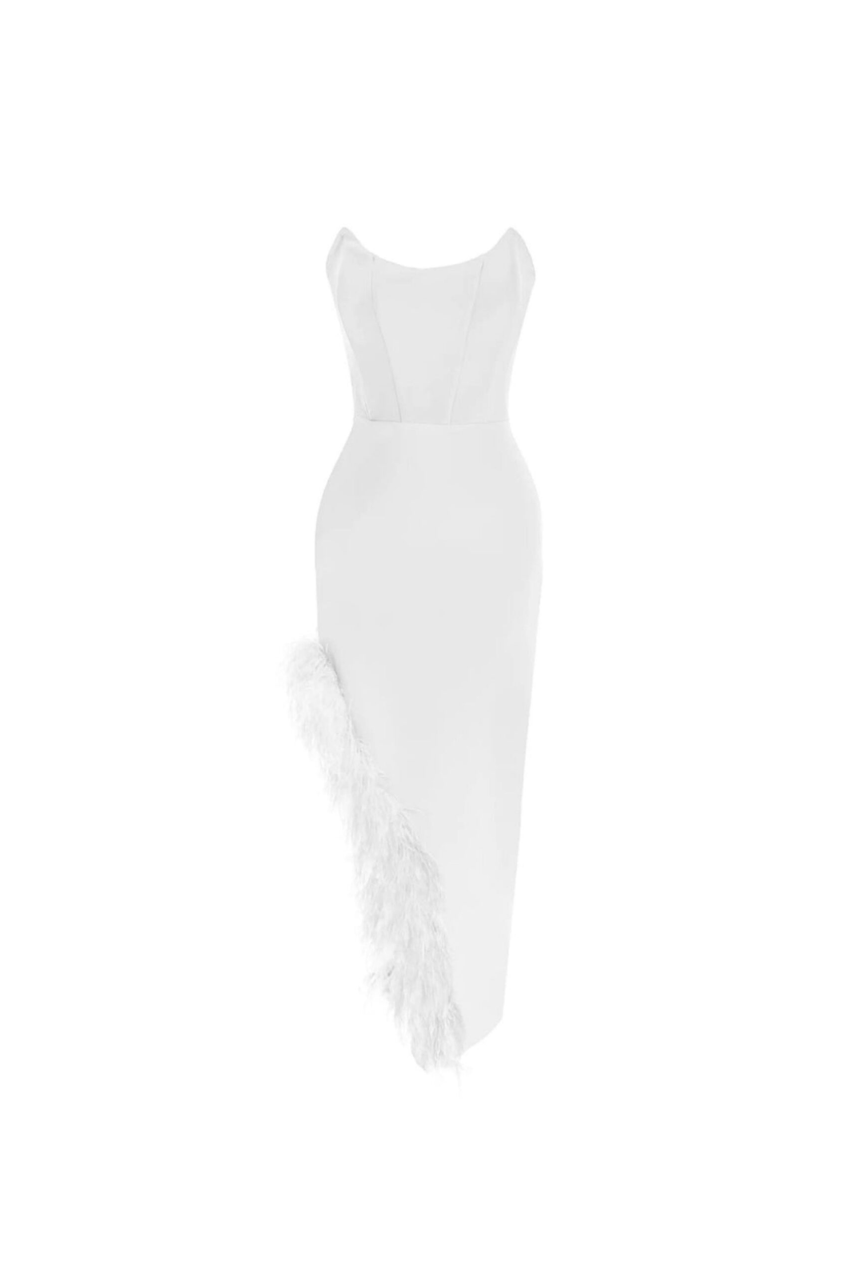 STRAPLESS FEATHER MIDI DRESS, WHITE WEDDING PARTY