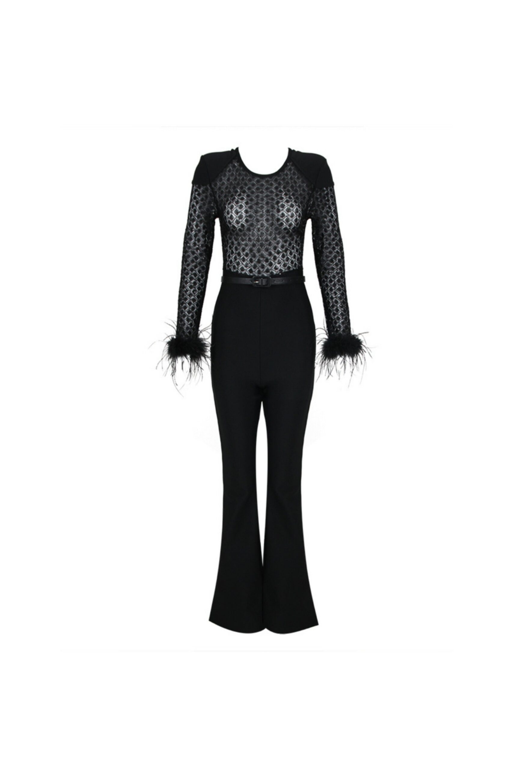 BLACK FEATHER SEQUIN PARTY JUMPSUIT
