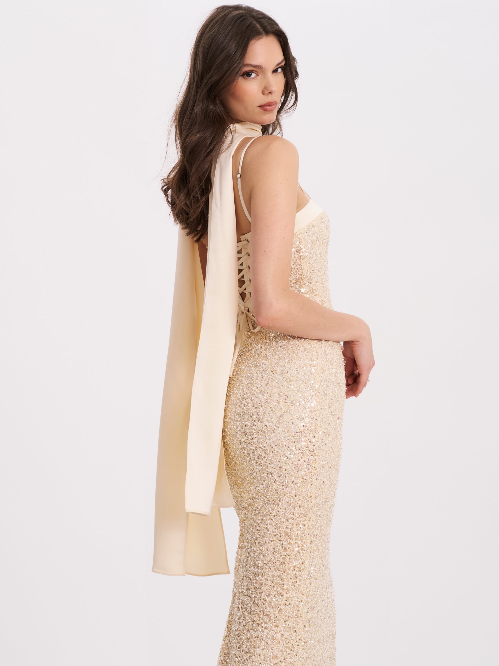 GOLD BEADED SEQUIN BODYCON GOWN WITH SCARF