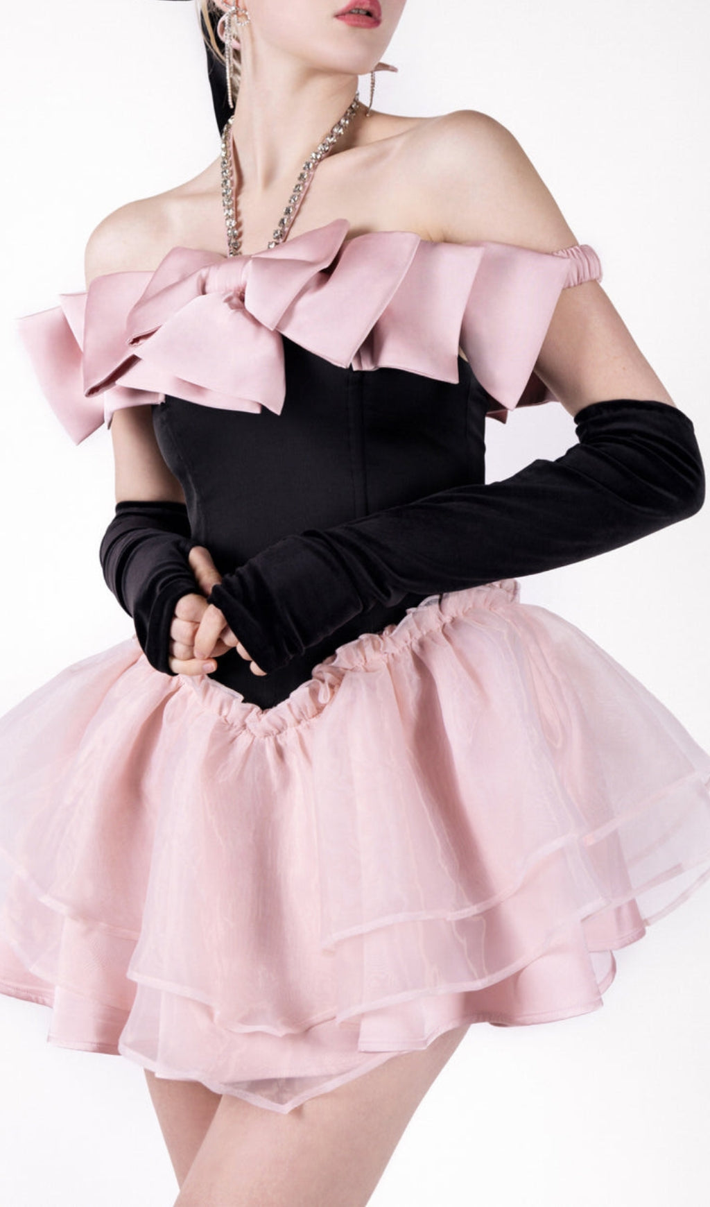 BLACK PINK BOW RHINESTONE FLARE PARTY DRESS