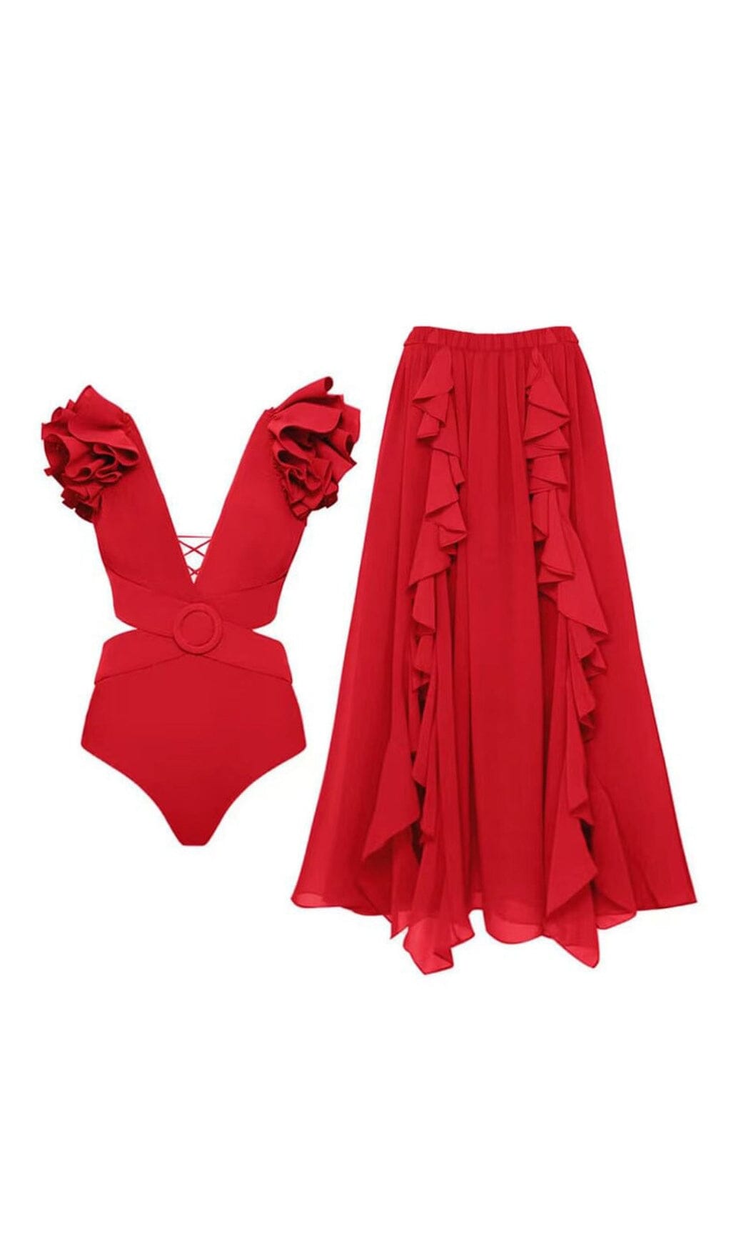 DEEP V RED CUTOUT ONE PIECE SWIMSUIT SKIRT SET